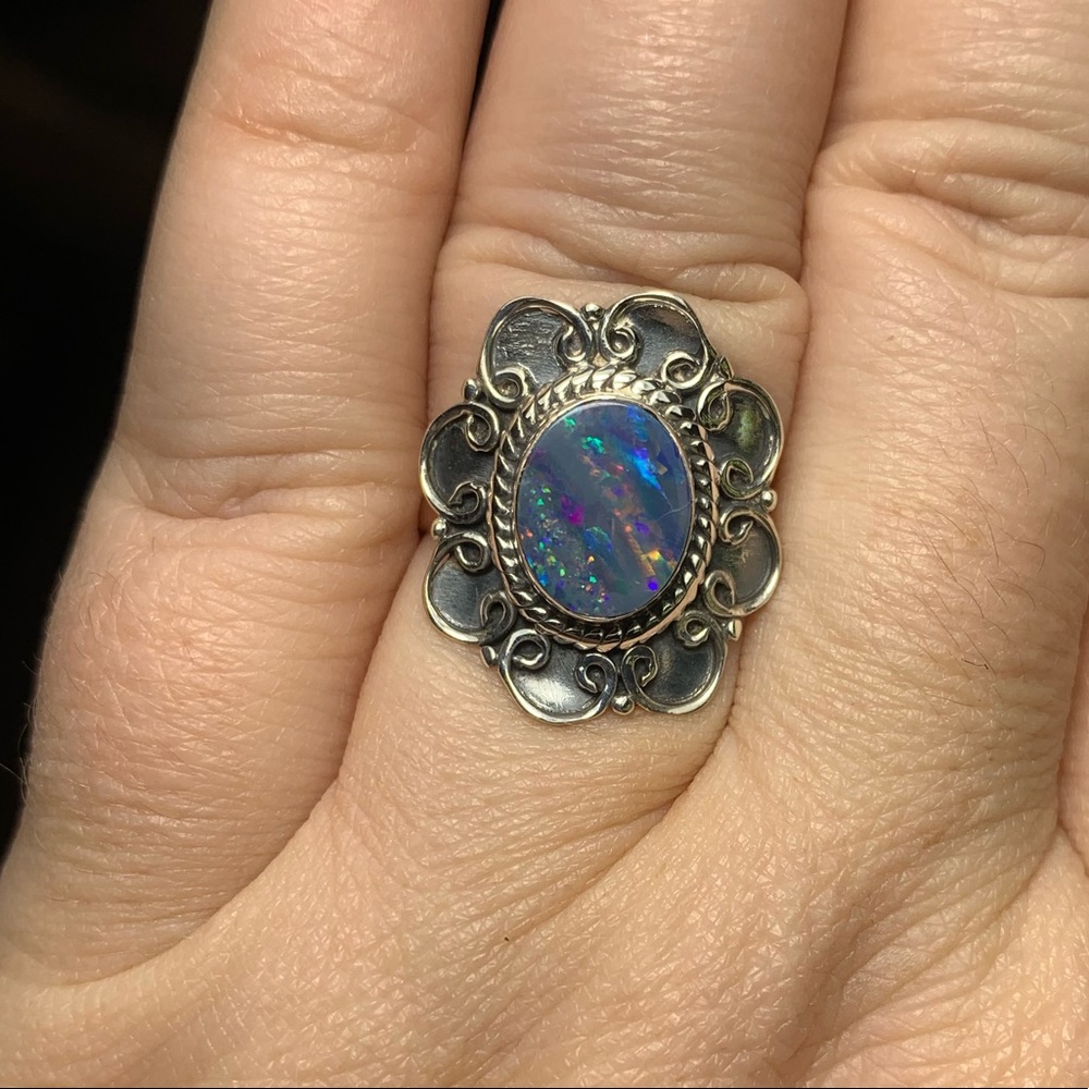 Solid Sterling Australian Opal Flower Ring - image 3